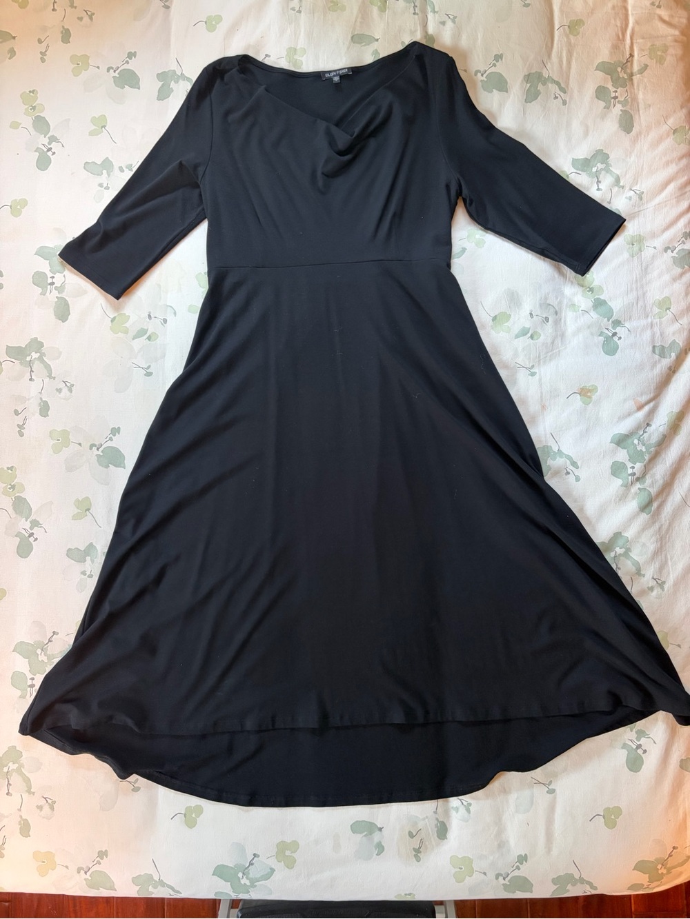 Eileen Fisher Black Midi Dress with Three-Quarter Sleeves